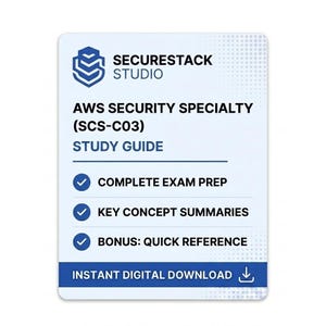 May include: A rectangular digital study guide for the AWS Security Specialty (SCS-C03) exam by Securestack Studio. The white card features blue text and icons, listing complete exam prep, key concept summaries, and a bonus quick reference guide.