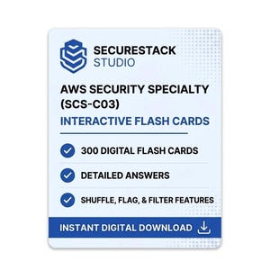 May include: A white rectangular digital product card with blue text and a logo. It reads Securestack Studio, AWS Security Specialty (SCS-C03) Interactive Flash Cards, 300 digital flash cards, detailed answers, shuffle, flag, & filter features.