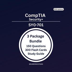 May include: A dark blue digital study resource for CompTIA Security+ SY0-701, 2026 Updated. The text reads 3 Package Bundle, 150 Questions, 300 Flash Cards, Study Guide, and Securestack Studio. The layout features white text on a dark blue background.