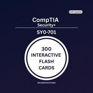 Pode incluir: Um gráfico digital azul escuro para materiais de estudo CompTIA Security+ SY0-701. Apresenta o texto 2026 Updated, CompTIA Security+, SY0-701, 300 INTERACTIVE FLASH CARDS e SECURESTACK STUDIO em letras brancas e azul escuro.