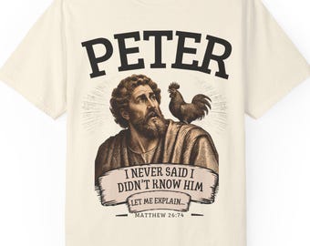T-Shirt mit Illustration des Apostels Petrus | Biblisches Hahnenmotiv „Ich habe nie gesagt, dass ich ihn nicht kenne“