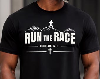 Laufshirt „Run the Race“ | Christliches Laufshirt mit Hebräer 12,1 Kreuz-und-Berg-Motiv