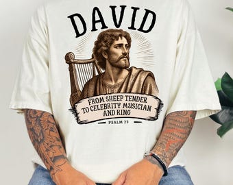 T-Shirt mit David-Porträt aus Psalm 23 | Design des biblischen Musikerkönigs