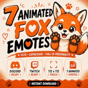Peut inclure: Un graphique numérique représentant un renard de dessin animé à la fourrure orange et aux grands yeux, accompagné du texte 7 ANIMATED FOX EMOTES, CUTE EXPRESSIVE FULL OF PERSONALITY, DISCORD READY, TWITCH READY, 112 x 112 PIXELS, 7 ANIMATED EMOTES et INSTANT DOWNLOAD.