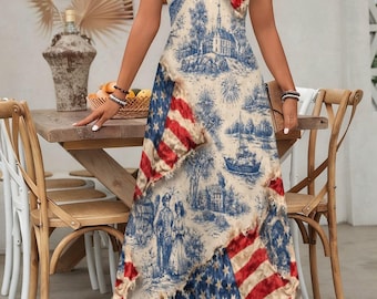 Blue Toile American Flag Maxi Dress: V-Neck Flowy Patriotic Summer Sundress