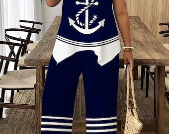 Plus Size Nautical Anchor Print Tank Top and Cropped Pants Set