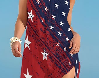Women's American Flag Star Print Sleeveless Beach Dress, 4th of July Patriotic Casual Summer Sundress, USA Flag Tank Dress