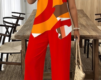 Abstract Print Two-Piece Set: Sleeveless V-Neck Top, Cropped Pants