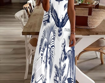 American Heritage Print Maxi Dress: V-Neck Spaghetti Strap Sundress, Summer Beach Resort Wear