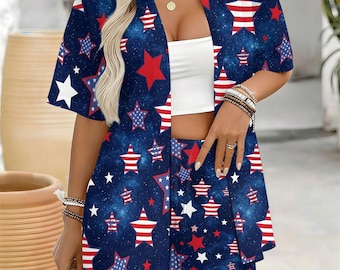 4th of July Star Print Kimono Top and Shorts Set, Patriotic Loungewear