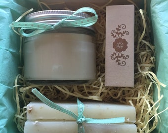 Artisan Soap and Soy Candle Gift Set in Vermont Wooden Box -Bridal Party-Hostess Gift--Belle Savon Vermont