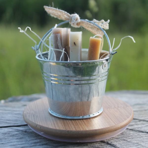 Tin Pail of Soap Favor- Wedding- Bridal-Baby-Showers-Burlap and Lace-Rustic-Country- Belle Savon Vermont