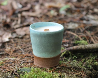 Hand poured Pottery Candle, Wooden Wick Candle, Cottage Cozy, Intentional, Minimalist, Boho Chic, Home Decor