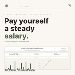 May include: Digital spreadsheet titled "Pay yourself a steady salary." The image features a Gig Worker Paycheck Planner with financial data, including monthly income and YTD cumulative income. The planner is designed for Google Sheets & Excel and is multi-currency.