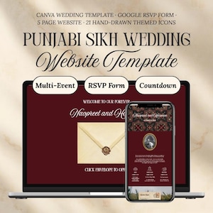 May include: A Punjabi Sikh wedding website template displayed on a laptop and smartphone. The design features a deep red background, a cream-colored envelope icon, and text including CANVA WEDDING TEMPLATE, GOOGLE RSVP FORM, and PUNJABI SIKH WEDDING Website Template.