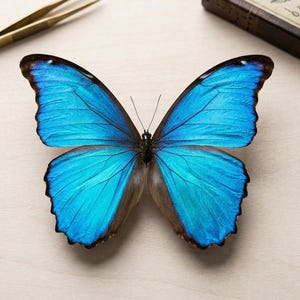 May include: A vibrant blue Morpho butterfly specimen with iridescent wings featuring black edges. The butterfly is positioned centrally, accompanied by a pair of thin gold-toned metal tweezers and a small rectangular wooden box with a botanical illustration.