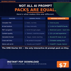 Puede incluir: Una infograf&iacute;a azul oscuro titulada NOT ALL AI PROMPT PACKS ARE EQUAL. Compara paquetes gen&eacute;ricos con funciones de Revenue Operator como Clickable TOC, AI tool buttons y PDF navigation. El texto inferior dice INSTANT PDF DOWNLOAD.