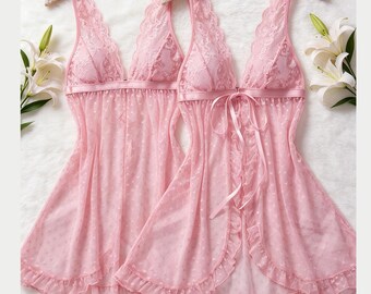 Pink Lace Lingerie Set, Women 2Pcs Lace Sleepwear Top & Panty, Elegant Sheer Nightwear Pajama Set