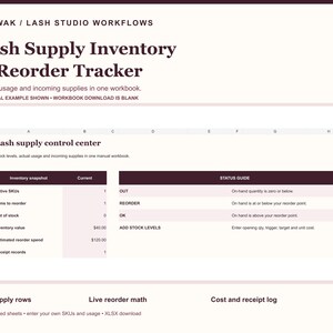 Lash Supply Inventory Spreadsheet, Usage & Reorder Tracker (XLSX)
