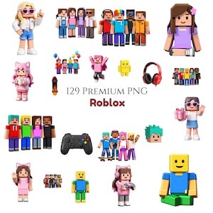 May include: A collection of 129 digital Roblox character illustrations and icons featuring blocky figures in various outfits, poses, and colors, alongside accessories like a skateboard, game controller, headphones, and a gift box, with the text 129 PREMIUM PNG Roblox.