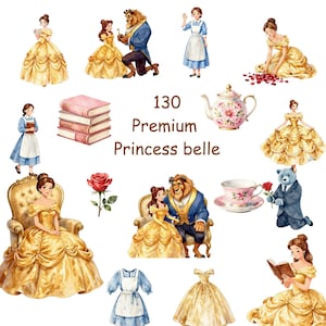 May include: A collection of 130 digital illustrations featuring a character in a yellow ballgown, a character in a blue dress with a white apron, a beast character, a stack of books, a floral teapot, a teacup, a red rose, and a bear in a suit.