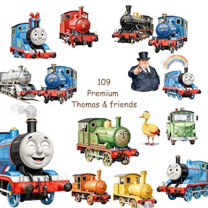 May include: A collection of watercolor-style illustrations featuring Thomas the Tank Engine characters, various steam locomotives in blue, red, green, and yellow, a man in a top hat, and a bird, with the text 109 Premium Thomas & friends.