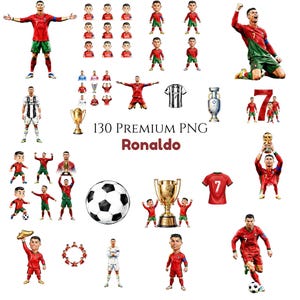 May include: A collection of 130 digital PNG images featuring Cristiano Ronaldo in various soccer poses, including chibi-style figures, action shots in red and green Portugal kits, black and white Juventus jerseys, soccer balls, and gold trophies.