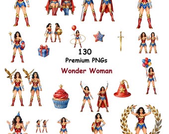 Imágenes prediseñadas PNG de Wonder Woman para cumpleaños, arte para fiestas de superhéroes / descarga de heroína en acuarela digital