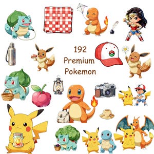 May include: A collection of 192 stickers featuring various Pokemon characters like Pikachu, Bulbasaur, Charmander, Eevee, Squirtle, and Charizard, alongside items including a red and white cap, a camera, a lantern, a water bottle, and a picnic blanket.