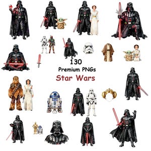 Könnte beinhalten: Eine Sammlung von 130 digitalen Star Wars PNG-Dateien mit verschiedenen Charakteren wie Darth Vader, Prinzessin Leia, Grogu, Chewbacca, R2-D2, C-3PO und Sturmtruppen. Die Bilder zeigen die Figuren in verschiedenen Posen, einige mit Lichtschwertern.