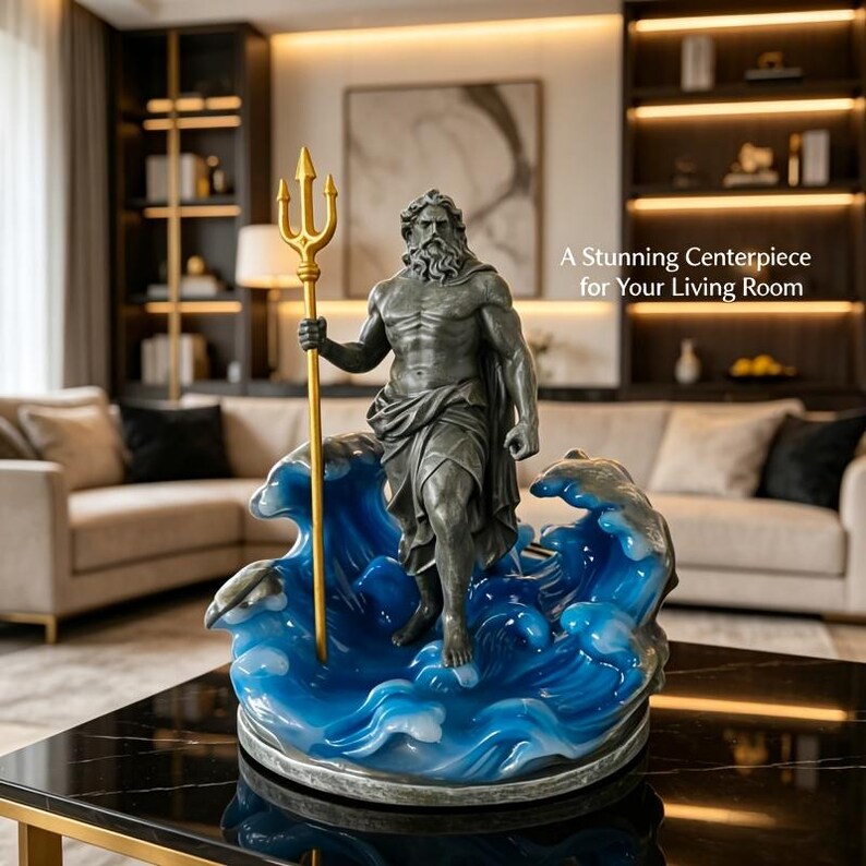 K&ouml;nnte beinhalten: Graue Statue des griechischen Gottes Poseidon mit goldenem Dreizack, stehend auf einer Basis aus blauen Wellen. Die Statue hat einen langen Bart. Die Basis ist eine Mischung aus Blau und Wei&szlig;. Der Text im Bild lautet: "A Stunning Centerpiece for Your Living Room."