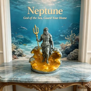 K&ouml;nnte beinhalten: Graue Statue des Neptun mit goldenem Dreizack, stehend auf gelben Wellen. Im Hintergrund eine Unterwasserszene mit dem Text "Neptune, God of the Sea, Guard Your Home". Die Statue ist ein dekoratives Element.
