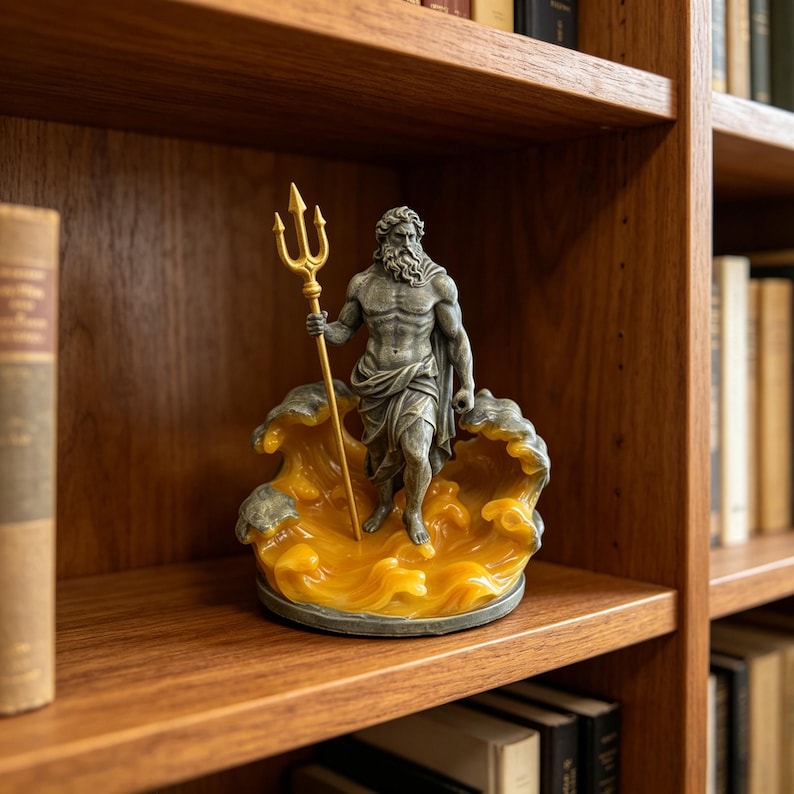 K&ouml;nnte beinhalten: Statue des griechischen Gottes Poseidon mit einem goldenen Dreizack. Die Statue ist grau und steht auf einer gelb-grauen Wellenbasis. Die Skulptur wird auf einem B&uuml;cherregal aus Holz mit B&uuml;chern ausgestellt.