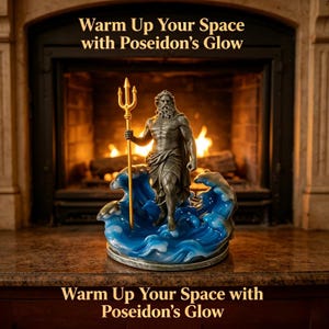 K&ouml;nnte beinhalten: Eine Statue von Poseidon aus Bronze, die einen goldenen Dreizack h&auml;lt und auf blauen und wei&szlig;en Wellen steht. Die Statue steht vor einem Kamin mit warmem Schein. Der Text lautet "Warm Up Your Space with Poseidon's Glow."