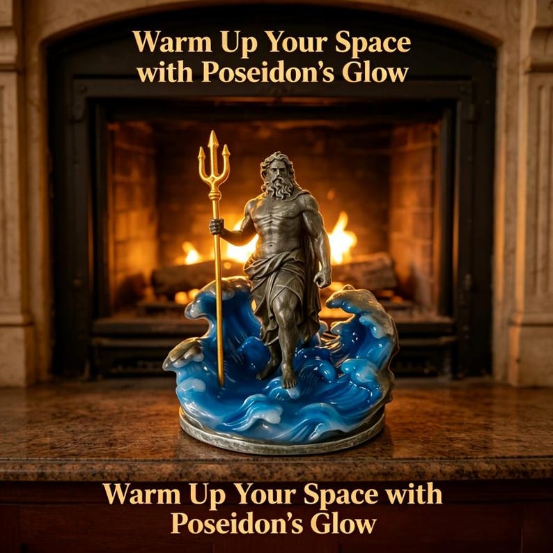 K&ouml;nnte beinhalten: Eine Statue von Poseidon aus Bronze, die einen goldenen Dreizack h&auml;lt und auf blauen und wei&szlig;en Wellen steht. Die Statue steht vor einem Kamin mit warmem Schein. Der Text lautet "Warm Up Your Space with Poseidon's Glow."