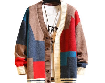 Cardigan Sweater, V-Neck Button Knit Cardigan, Casual Long Sleeve Sweater Jacket,  Lightweight Knitwear, Multicolor Button-Up Cardigan