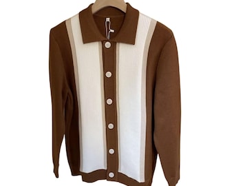 Men's Striped Knit Cardigan Polo Sweater Jacket, Long Sleeve Button-Up Knitwear, Casual Vintage  style Cardigan, Lightweight