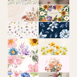 May include: A collection of twelve rectangular panels featuring various floral illustrations, including sunflowers, lilies, and wildflowers in watercolour styles, with some panels displaying text such as Happiness is a habit and other phrases.