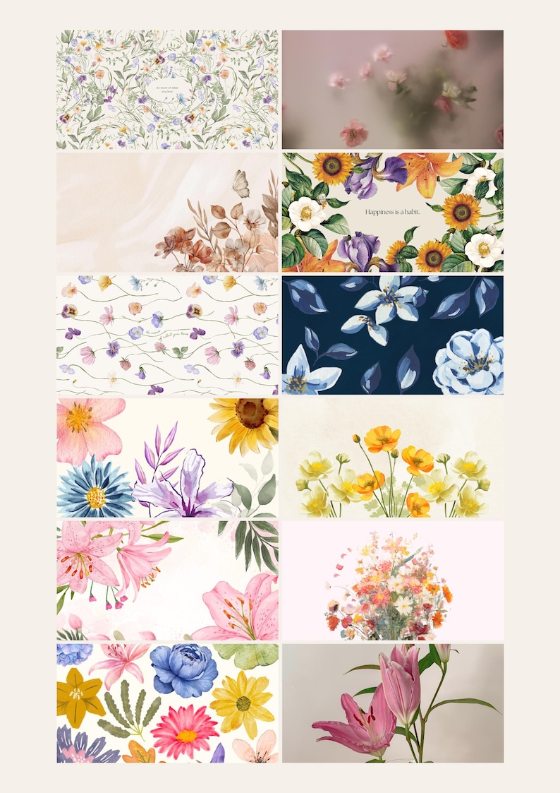 May include: A collection of twelve rectangular panels featuring various floral illustrations, including sunflowers, lilies, and wildflowers in watercolour styles, with some panels displaying text such as Happiness is a habit and other phrases.