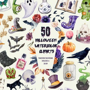 Pode incluir: Uma coleção de 50 ilustrações em aquarela de Halloween com abóboras, fantasmas, gatos pretos, caveiras, frascos de poções, morcegos, um caldeirão e um gráfico central em forma de caixão com o texto 50 HALLOWEEN WATERCOLOR CLIPARTS.