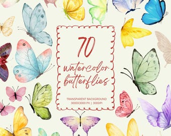 Butterfly Clipart Bundle, 70 Watercolor PNG Files, Colorful Butterflies for Wedding Invitations, Spring Stationery & Scrapbooking