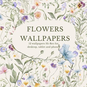 Pode incluir: Uma coleção digital de 12 papéis de parede florais de alta resolução para desktop, tablet e telefone. O fundo apresenta uma superfície de cor creme com um padrão repetitivo de flores silvestres estilo aquarela em tons de azul, amarelo e rosa.