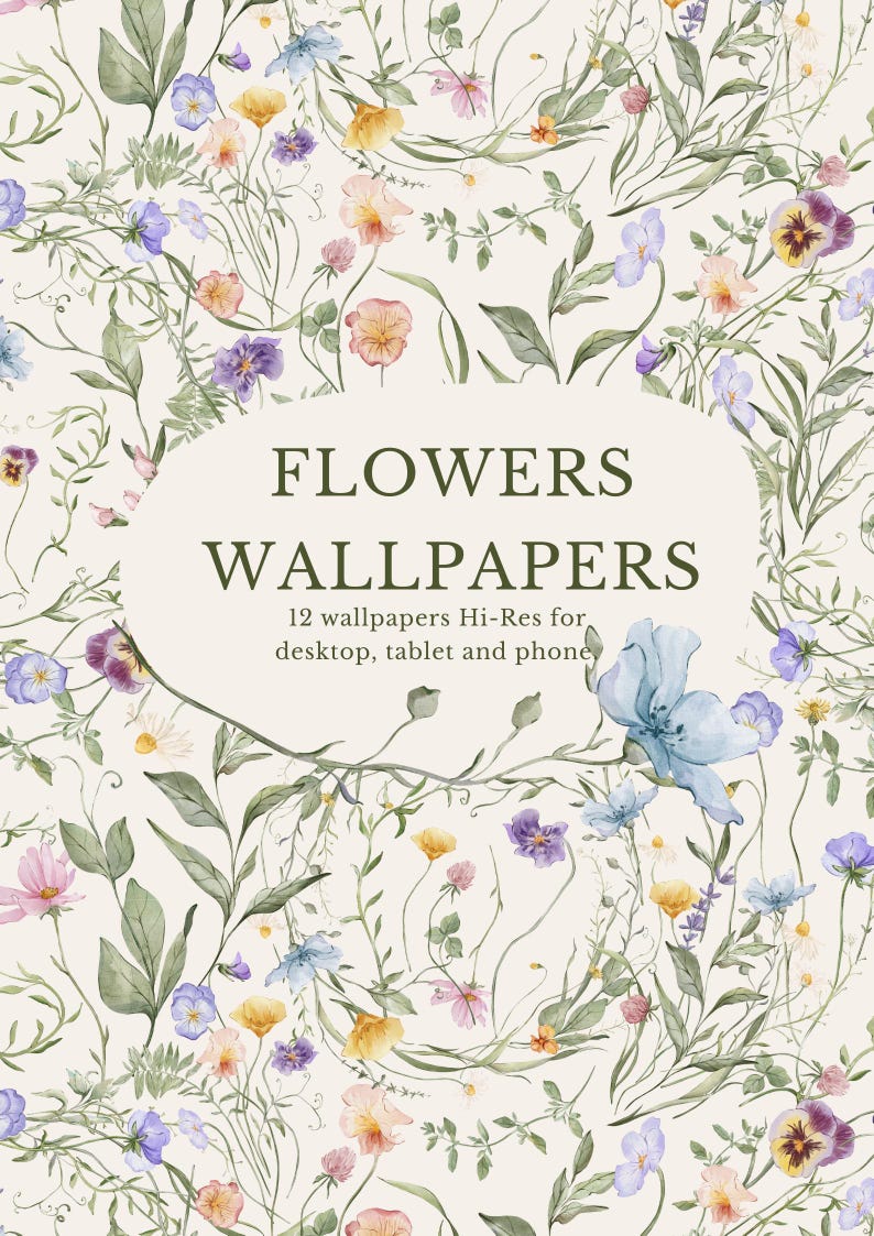 May include: A digital collection of 12 high-resolution floral wallpapers for desktop, tablet, and phone. The background features a cream-coloured surface with a repeating pattern of watercolour-style wildflowers in shades of blue, yellow, and pink.