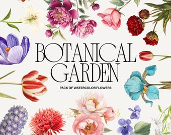 Flower Clipart Bundle, 30 Watercolor PNG Files, Botanical Floral Illustrations for Wedding Invitations & Stationery