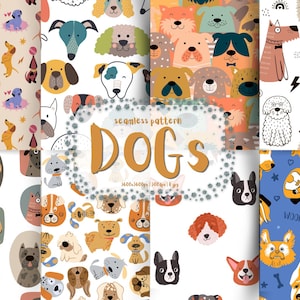 Dogs Seamless Pattern Bundle | 8 Digital Papers Cute Puppies | Pet Lover Fabric Design | Dog Pattern PNG | 300 DPI Digital Download