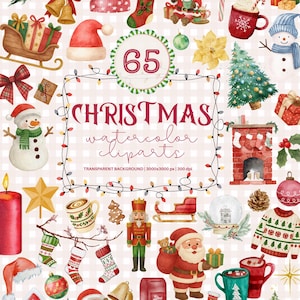 Pode incluir: Uma coleção de 65 ilustrações de Natal em aquarela com o Pai Natal, bonecos de neve, quebra-nozes, bolachas de gengibre, árvores decoradas, presentes, meias, uma lareira e canecas festivas num fundo xadrez cor-de-rosa claro.
