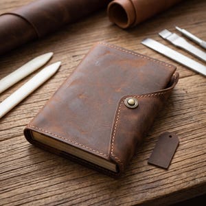 手作りのクレイジーホースレザー製ノートカバー – A6/A7サイズのジャーナルスリーブ、聖書フラップ付き