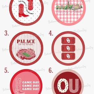 May include: Set of six round stickers with red and white designs. The stickers feature images of cowboy boots, a university building, a stadium, tickets, and the letters "OU". Some stickers have text like "University of Oklahoma" and "Game Day".