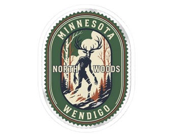 Autocollant Wendigo du Minnesota | Sticker badge cryptide MN Winter Forest Horror vinyle cadeau | Bouteille d'eau en vinyle imperméable pour ordinateur portable