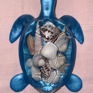May include: A turtle-shaped decorative tray with a metallic blue finish. The center of the turtle shell is filled with a collection of various natural seashells, including spiral, bivalve, and small starfish shapes in shades of white, gray, and brown.